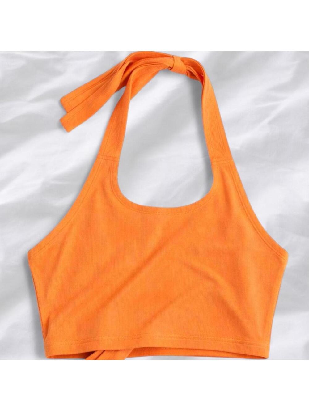 Orange ribbed halter crop top